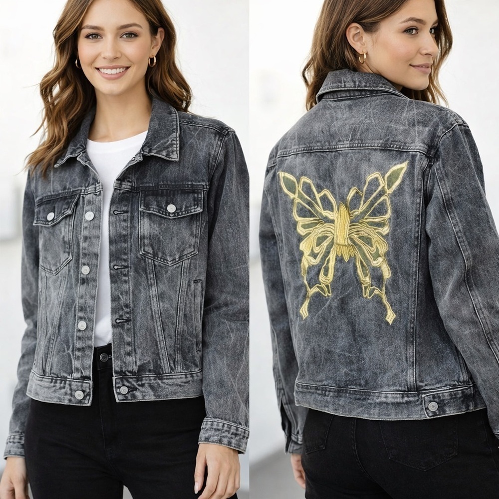 DMC Gray Denim Jacket Gold Butterfly Embroidery Boho Statement Women Size 8-10